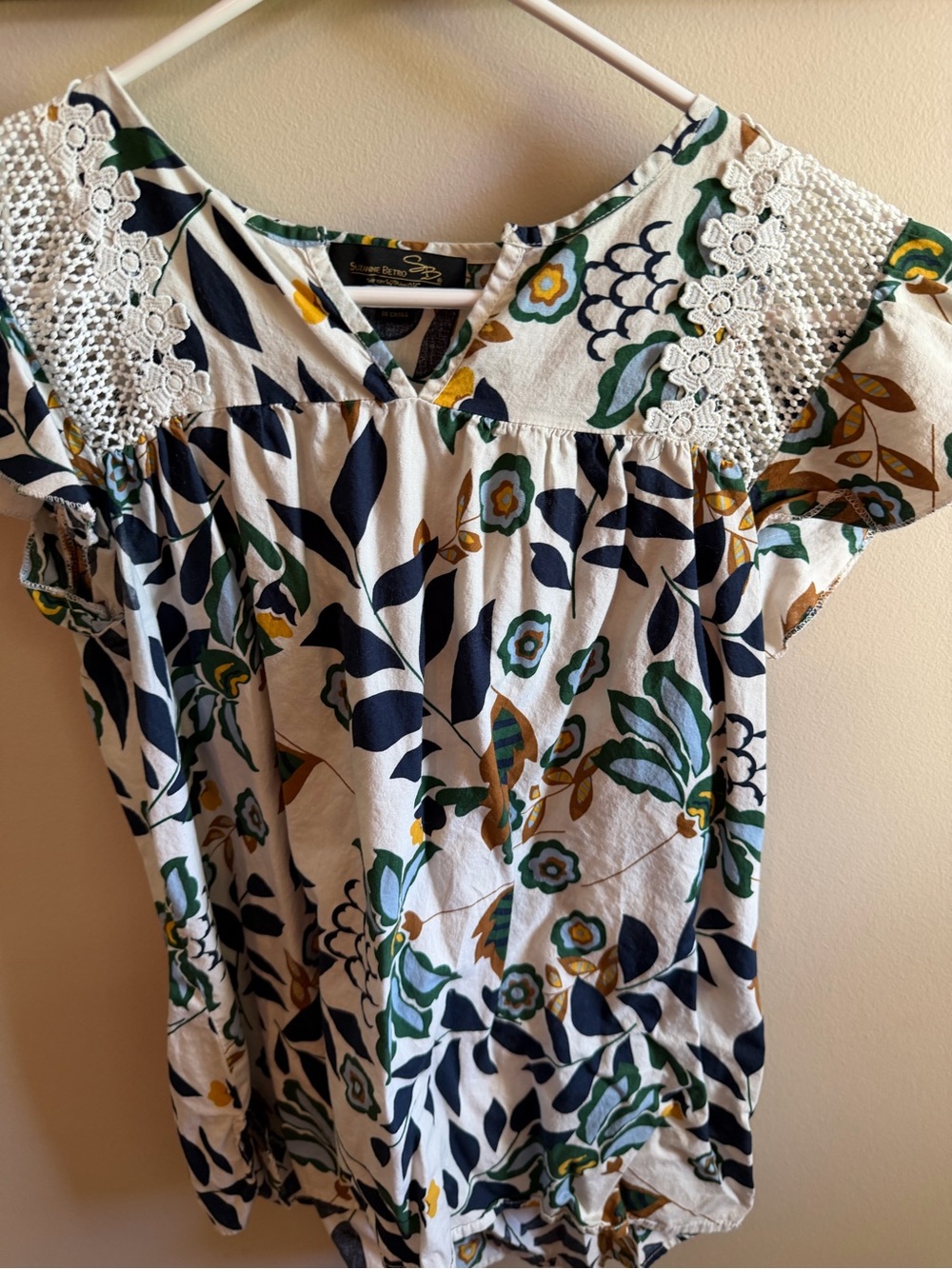 Suzanne Betro White Floral Crochet-Yoke Blouse with Navy, Green & Mustard